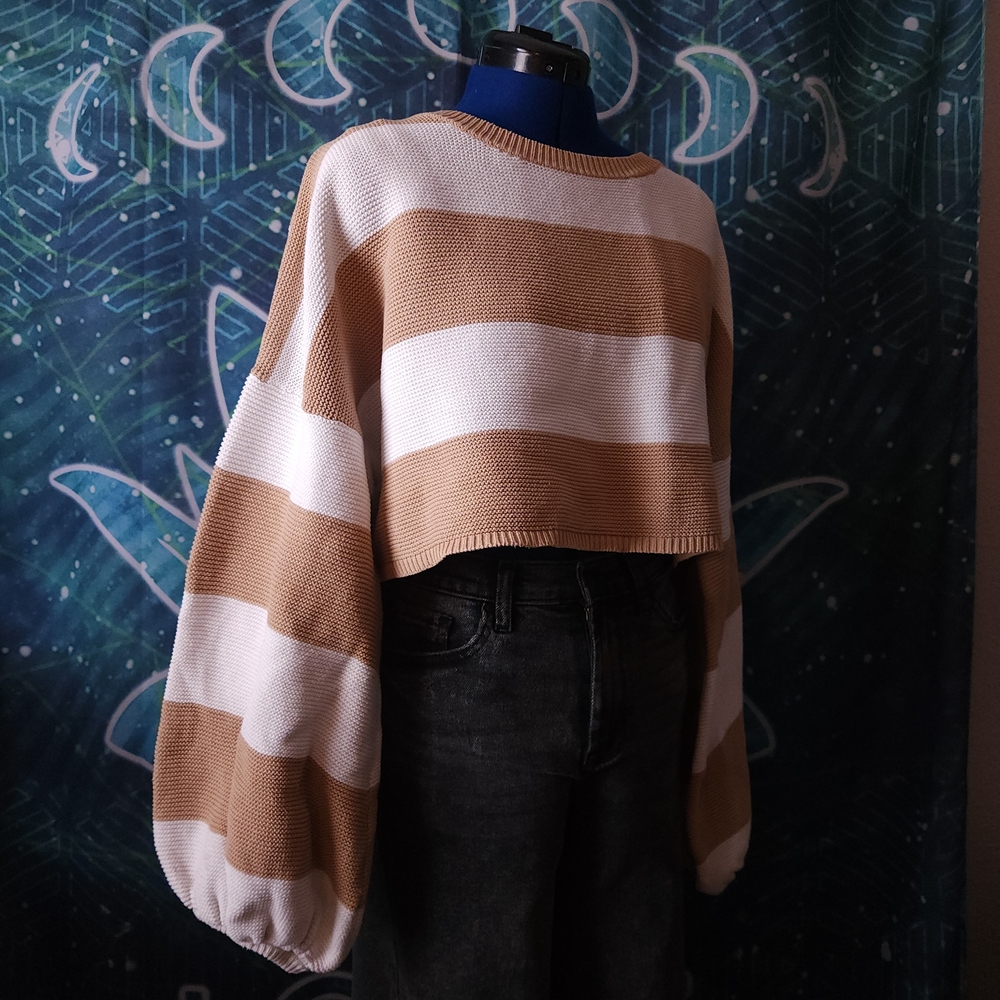 Sabo Skirt Balloon Sleeve Cropped Striped Cotton Sweater Size Large